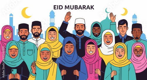 Happy Muslim Families and Diverse Community Celebrating Ramadan and Eid Mubarak Illustration