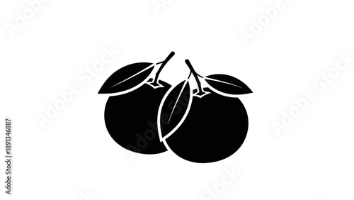 Simple black and white illustration of two peaches with leaves.
