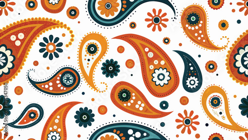 Vibrant orange blue and white paisley shapes merge in a seamless floral pattern on a white background