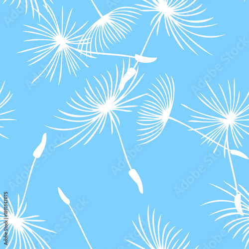 seamless continuous pattern of down with white dandelion seeds on a black  background.ai