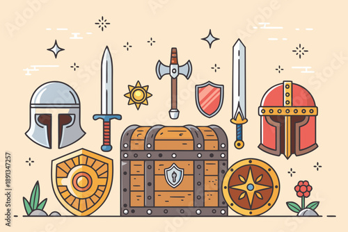 Showcasing Rpg Items With Weapons Armor Dynamic High-Quality Stock Image
