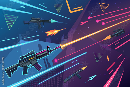 Depicting Shooter Game With Weapons And Vibrant Professional Photo