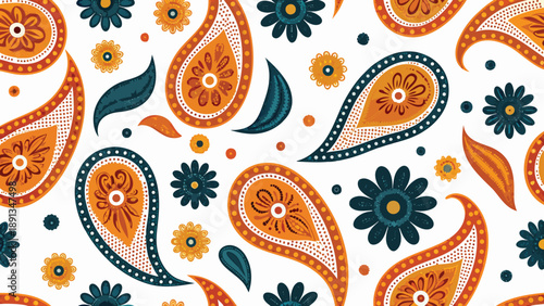 Vibrant orange and teal paisley teardrop floral pattern on white background