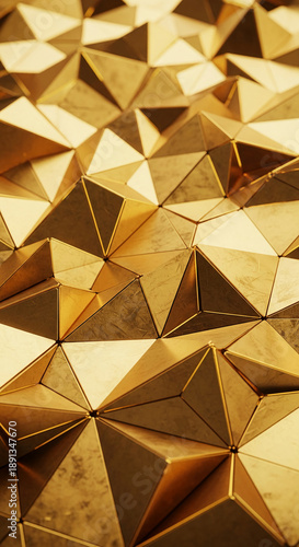 Textured golden triangles form a geometric, low-poly surface, presenting a luxe aesthetic and modern design, representative of wealth and innovation