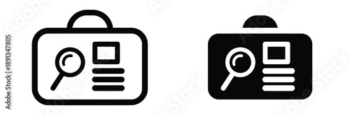 Job search icon. Briefcase with magnifying glass. Recruitment and hiring symbol. Outline and filled vector set.

