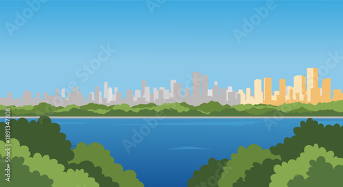 Serene Cityscape With A Calm Lake And Lush Greenery Under A Clear Blue Sky