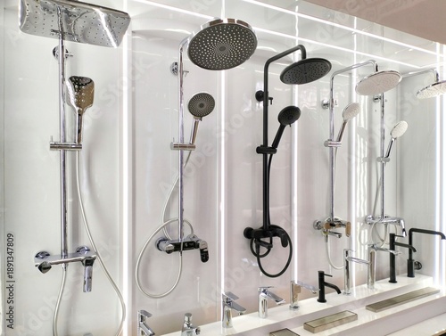 Modern Bathroom Shower Head and Faucet Display in Showroom