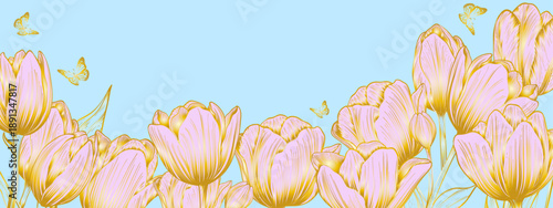 Tulips pink have a golden gradient on a blue background with a gold butterfly, long.eps