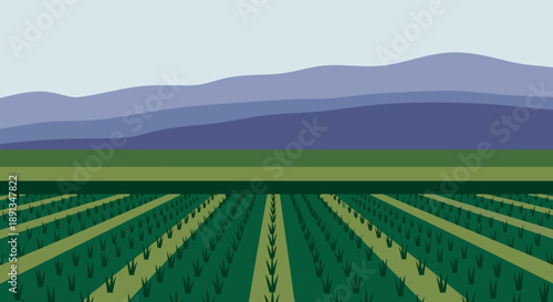 Vast Agricultural Field Under a Layered Mountain Range in a Minimalist Illustration