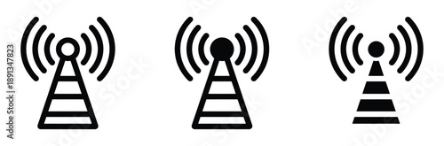 Antenna icon set. Wireless signal tower symbol. Outline and filled vector.

