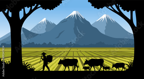 Rural Landscape with Farmer Walking with Oxen Through Rice Fields, Majestic Mountains in the Background, Scenic Asian Countryside Scenery