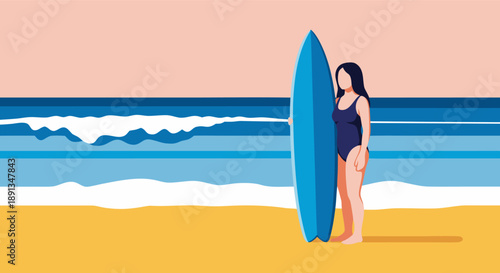 Woman Standing With Surfboard On Sandy Beach With Ocean Waves And Sky Background