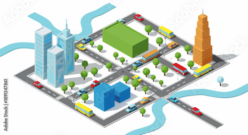 Isometric cityscape with busy traffic and modern buildings, a vibrant urban environment illustration