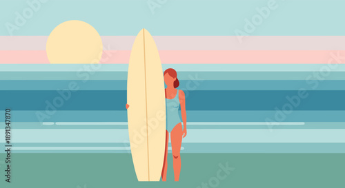 Surfer girl with surfboard on beach at sunset, beautiful ocean waves and sky, lifestyle illustration