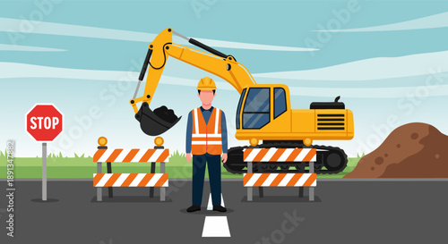 Construction worker and heavy machinery on a site with traffic control and safety barriers