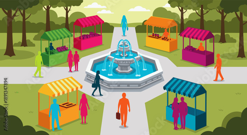 Illustration of a vibrant outdoor market with diverse stalls and people enjoying the park
