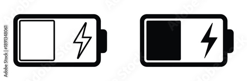 Charging Battery Icon Set - Vector Half Power Level Symbols with Lightning Bolt in Outline and Solid Styles

