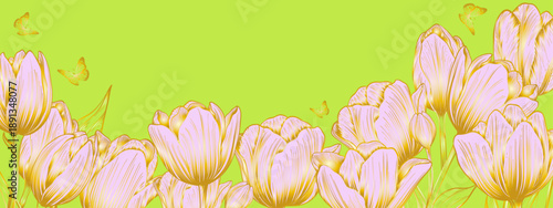 Tulips pink have a golden gradient on a green background with a gold butterfly, long.eps
