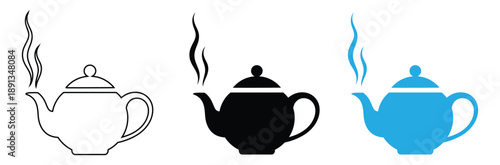 Steaming Teapot Icon Set - Vector Tea Kettle Symbols for Cafe and Kitchen Design in Outline and Solid Styles,Vector icon of classic teapot in solid and outline version.