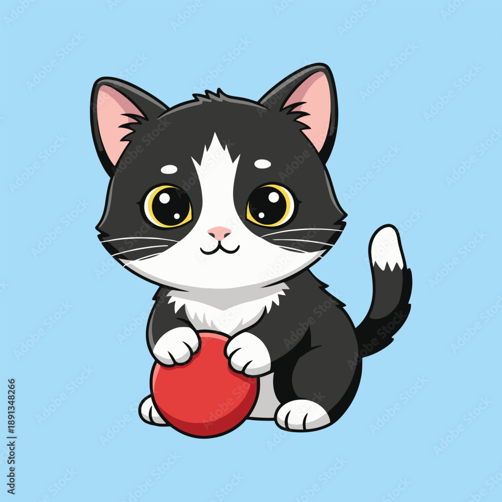 Obraz premium Cute Tuxedo Cat Playing with Red Ball in Flat Design Vector Illustration