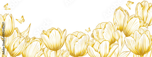 Tulips  have a golden gradient on a transparent background with a gold butterfly, long .ai
