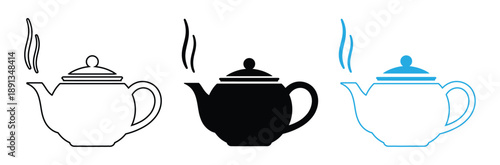 Steaming Teapot Icon Set - Vector Tea Kettle Symbols for Cafe and Kitchen Design in Outline and Solid Styles,Vector icon of classic teapot in solid and outline version.