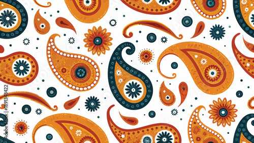 Vibrant orange and blue paisley pattern with floral motifs on white background