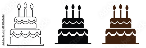 Birthday Cake Icon Set - Vector Two Tier Dessert Symbols with Candles for Party and Celebration in Outline and Solid Styles

