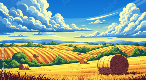 Golden Hay Bales in a Rural Field with Rolling Hills and Blue Sky - Vector Illustration