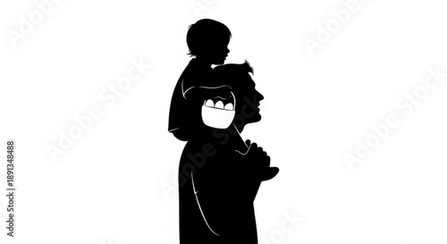 Illustration of a person carrying a child on their shoulders in a silhouette style from a side viewpoint.