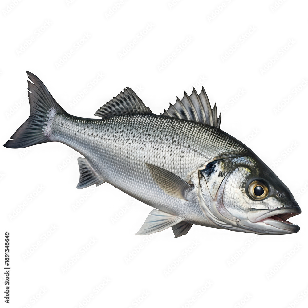 Fototapeta premium Large silver fish with whiskers and detailed scales facing left isolated on a transparent background