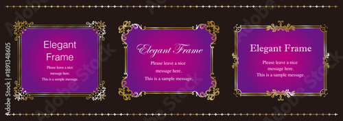 高級感のあるエレガンスなフレームセット、装飾デザイン、飾り罫、上品な背景、金、ゴールド、パープル 、ブラック