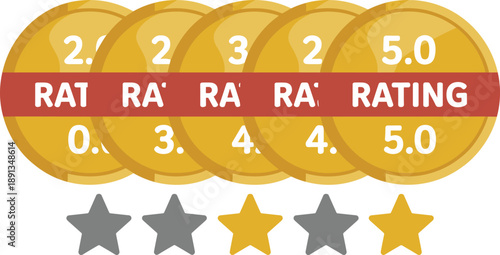 Customer rating badge illustration with star review system from 1 to 5 points, golden score icons for feedback, evaluation, and quality design