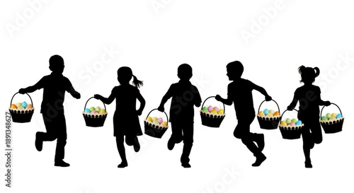 Children running with Easter baskets in a joyful festive scene, viewed from the side