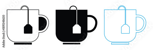 Tea Cup Icon Set - Vector Mug with Teabag Symbols for Cafe and Beverage Design in Outline and Solid Styles,Cup of tea with tea bag vector icon. Cup of tea with saucer. Silhouette of tea coffee cup 