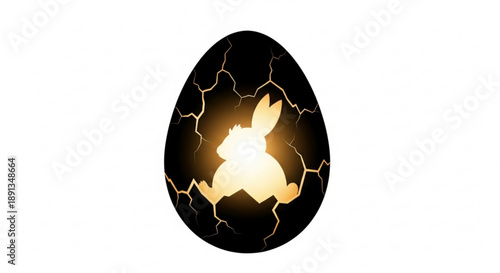 A cracked black Easter egg with a glowing bunny inside, symbolizing new life and renewal from within, viewed from the front.