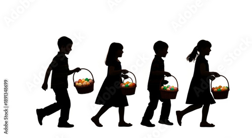 Four silhouetted children walking in unison carrying Easter baskets filled with colorful eggs
