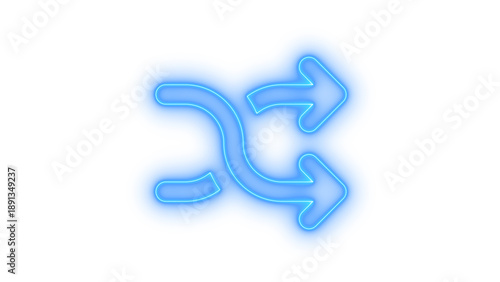 Blue glowing neon shuffle icon for music player or random playlist, modern digital technology symbol with intertwined arrows, isolated on transparent background