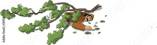Cartoon tribal hunter in orange outfit crawling on tree branch, collecting mushrooms or items, falling leaves, isolated vector. Great for adventure, foraging, nature, survival, and ethnic story