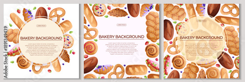 A set of colorful backgrounds with delicious pastries on a white background. The concept of confectionery, baking, cooking. Vector illustration for the design of poster, flyer, postcard, invitation