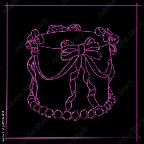 Outline pink doodle colorful illustration of a wedding cake with bows. A sweet dessert for wedding invitations, baking menus, romantic posters, or festive graphic design projects.