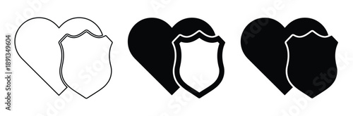 Heart shield icon set. Health insurance and protection symbol. Medical safety sign. Outline and filled vector.

