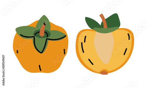 Flat color illustration of whole and sliced persimmons. Elements from fresh exotic products for posters about autumn harvest, organic market banners, textile prints, or kitchen graphics.