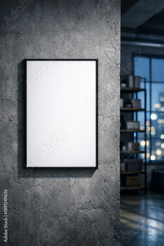 Empty white canvas template displayed on textured cement surface in an urban apartment with cool natural lighting and shadows