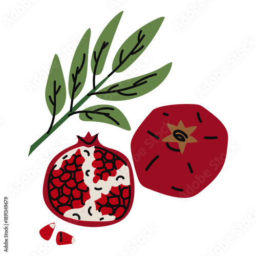 Flat color illustration of a whole and opened pomegranate with seeds and a green branch. Fresh organic fruits for healthy eating posters, botanical prints, or kitchen graphic design projects.