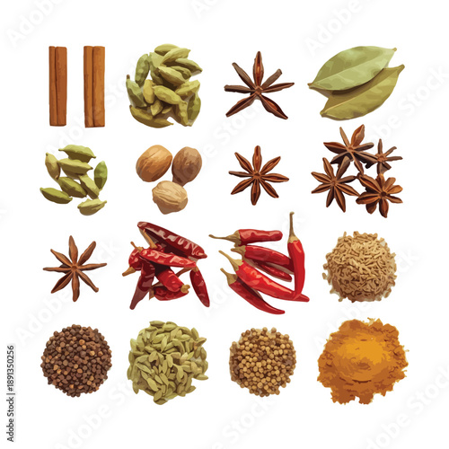 Beautiful Composition of Whole Spices and Powders Cinnamon Sticks Cardamom Pods Star Anise Cloves Nutmeg Dried Red Peppers Cumin Coriander Turmeric Powder Isolated on Neutral Backdrop