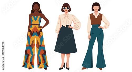 Vector illustration of three women in 1970s fashion clothing with vintage style outfits