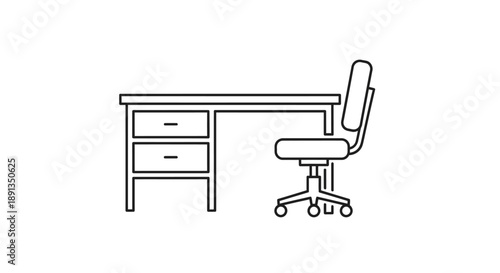 A simple line art drawing of an office desk with drawers and a swivel chair with wheels, depicting a workspace.