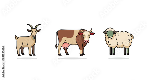 Three cartoon farm animals, a goat, a cow, and a sheep, standing side by side on a white background.