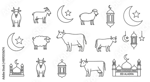Line art icons for Eid al-Adha featuring sacrificial animals like sheep, goats, and cows, alongside Islamic symbols and mosques.
